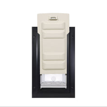 Pet door with a black frame and a closed, light-beige flap.