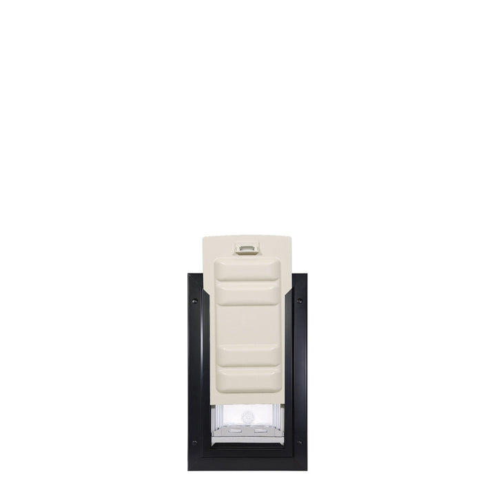 Pet door with a black frame and a closed, light-beige flap.