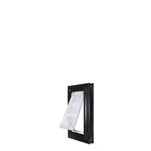 Black-framed pet door with a transparent flap.