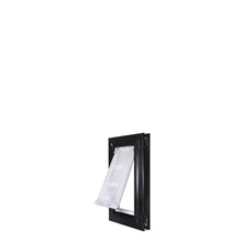 Black-framed pet door with clear flap ajar.