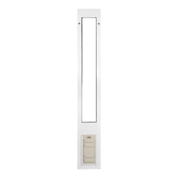A white pet door insert for sliding glass doors.