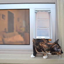 A tortoiseshell cat is going through a pet door installed in a window.