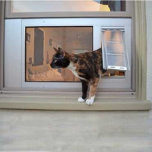 A calico cat is exiting a window through a pet door.
