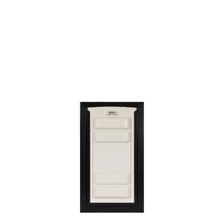 A black-framed, rectangular, white dog door is shown.