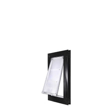 Black-framed pet door with clear, partially opened flap.