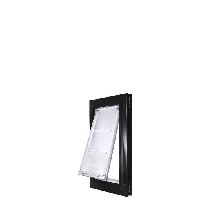 Black-framed pet door with clear, partially opened flap.