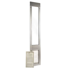 A sliding glass door insert for pets, with a vertical glass panel and a small pet door at the bottom, next to a white plastic cover._Color_Brushed_Aluminum
