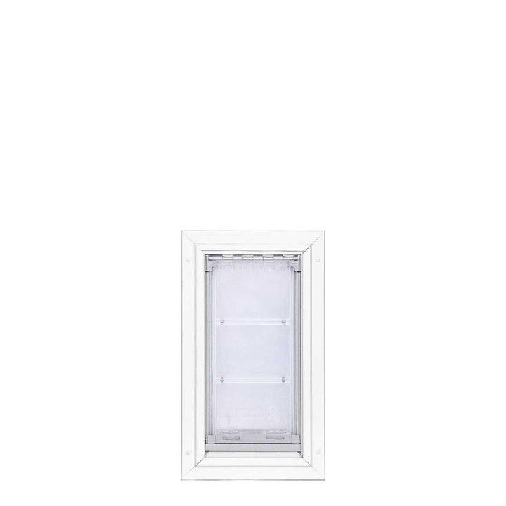 A white-framed dog door with a transparent flap.