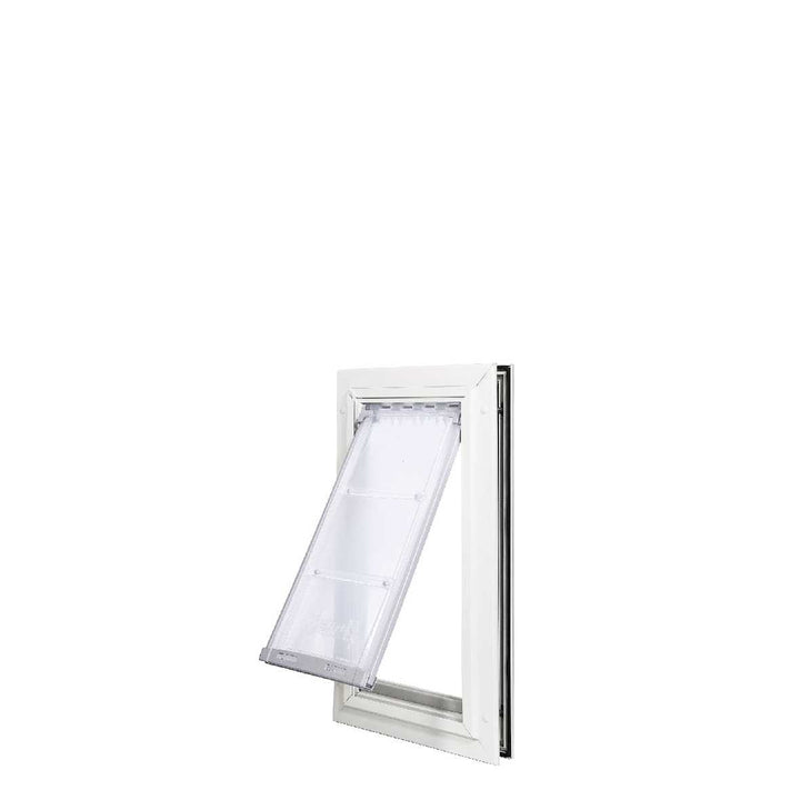 White-framed pet door with a transparent flap partially open.