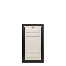 Rectangular white pet door with a black frame on a white background.