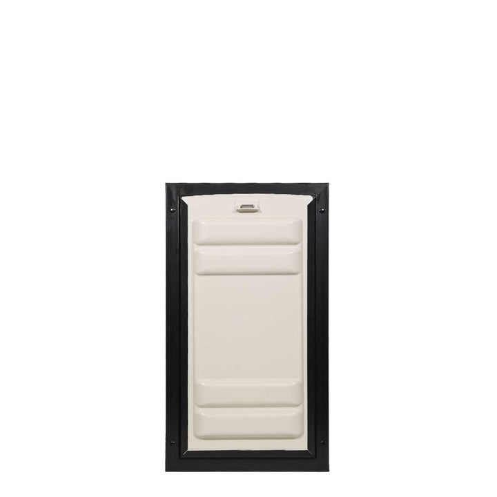 Rectangular white pet door with a black frame on a white background.