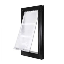 Black framed pet door with a transparent flap.