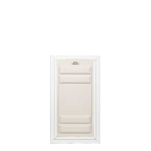 A white-framed pet door with a light beige, segmented door panel.