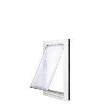 White-framed pet door with a translucent flap.