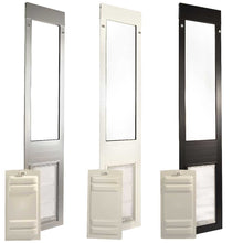 Three sliding glass door pet door inserts in silver, white, and black.