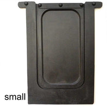 Black rectangular rubber mud flap with raised rounded rectangle and four round fasteners.