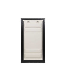 A pet door with a white panel and black frame is shown on a white background.