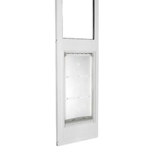 White framed sliding glass door insert with a clear pet door.