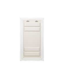 A closed white pet door set against a white background.
