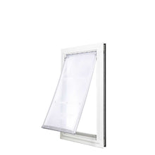 A white pet door frame with a clear, flexible flap angled open.