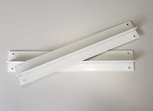 Two white, metal angle brackets with pre-drilled holes.