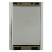 A gray pet door with aluminum siding.