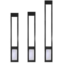 Three black-framed pet door inserts of varying heights, each with a transparent flap.