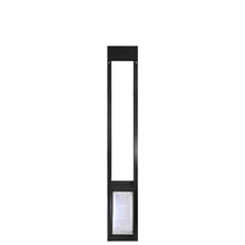 A black, narrow pet door frame with a transparent pet door flap against a white background.