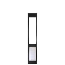 Black pet door frame for sliding glass doors.