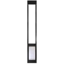 Black sliding glass door insert with a pet door.