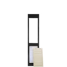 A black pet door insert with an open top panel and a white pet door cover.