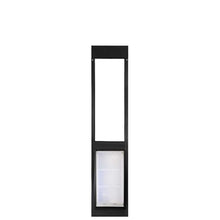 Black framed sliding glass door insert with a clear pet door at the bottom.