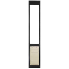A black-framed sliding glass door insert with a rectangular pet door at the bottom.