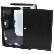 Open black pet door with transparent flap.