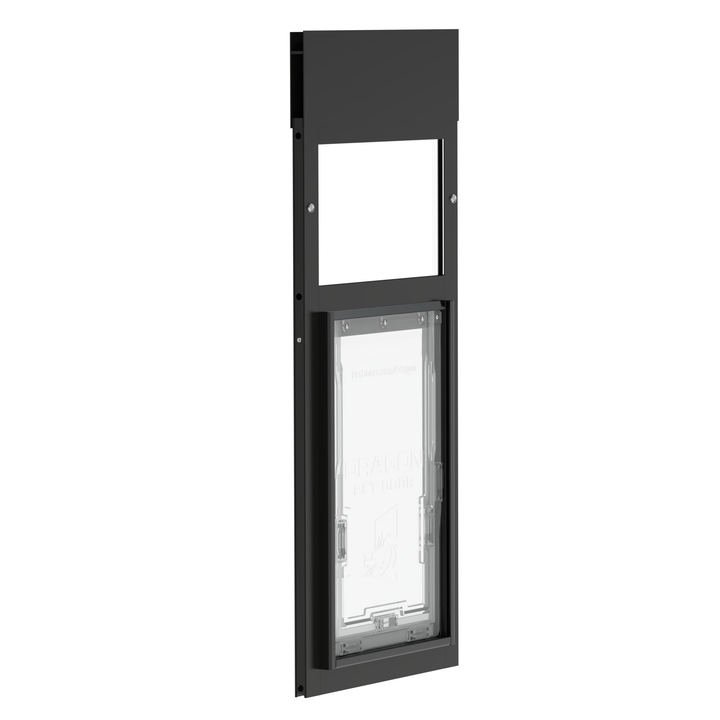 A black Dragon brand double flap pet door insert for windows, tilted open. The door features a flexible polyolefin elastomer flap that is easy for pets of all sizes to access.