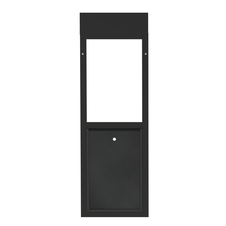 Black Dragon double flap pet door for windows, front view with locking cover. Durable aluminum frame with UV-resistant additives for weather protection.