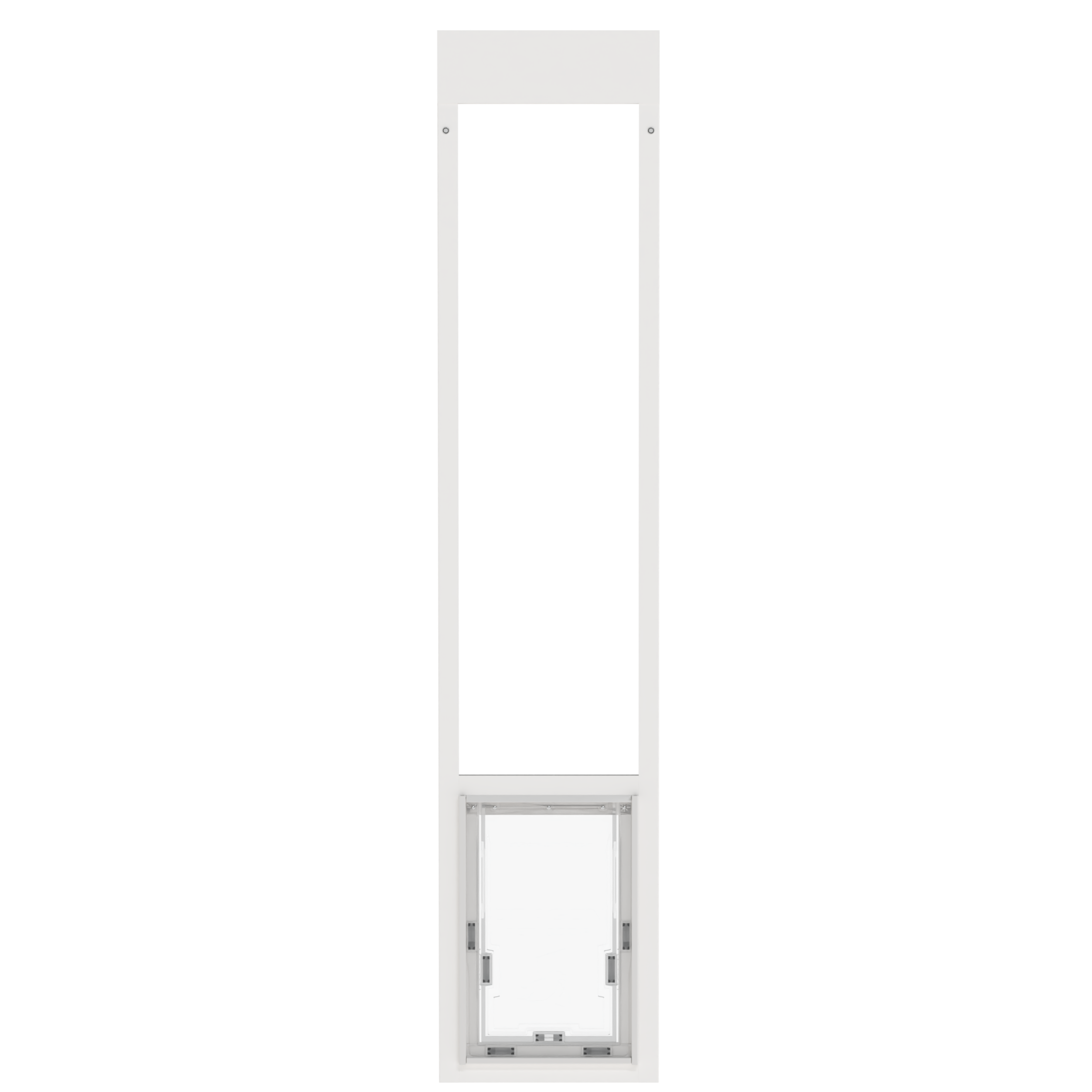 White Dragon single flap pet door for aluminum sliding glass doors, front view, with locking cover. Quick and simple installation with no tools required for most setups.