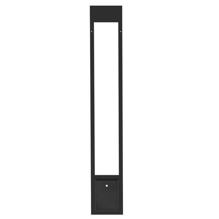 Black Dragon single flap pet door for aluminum sliding glass doors, front view, with locking cover. Quick, simple installation with no tools required for most setups.