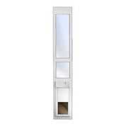 A tall, narrow, white pet door with transparent flaps is shown against a white background.