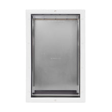 A white-framed pet door with a transparent flap.