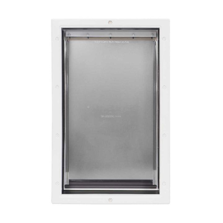A white-framed pet door with a transparent flap.