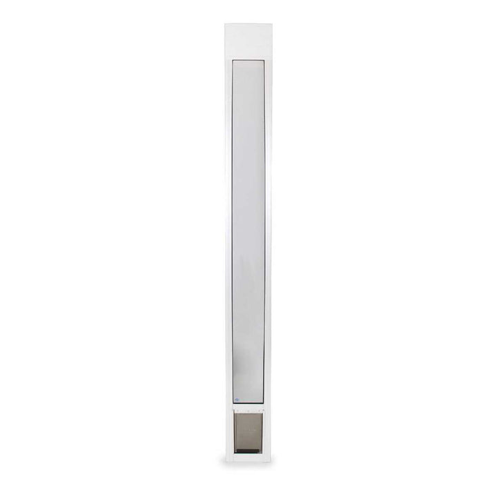 White sliding glass door insert with a pet door at the bottom.
