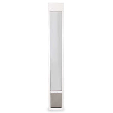 A white sliding glass door insert with a pet door at the bottom.