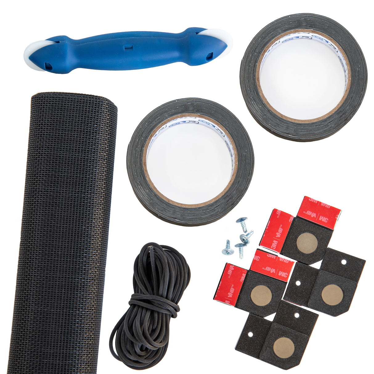 This image shows a collection of window screen repair materials, including mesh, tape, a screen roller, screws, rubber spline, and magnetic mounts.