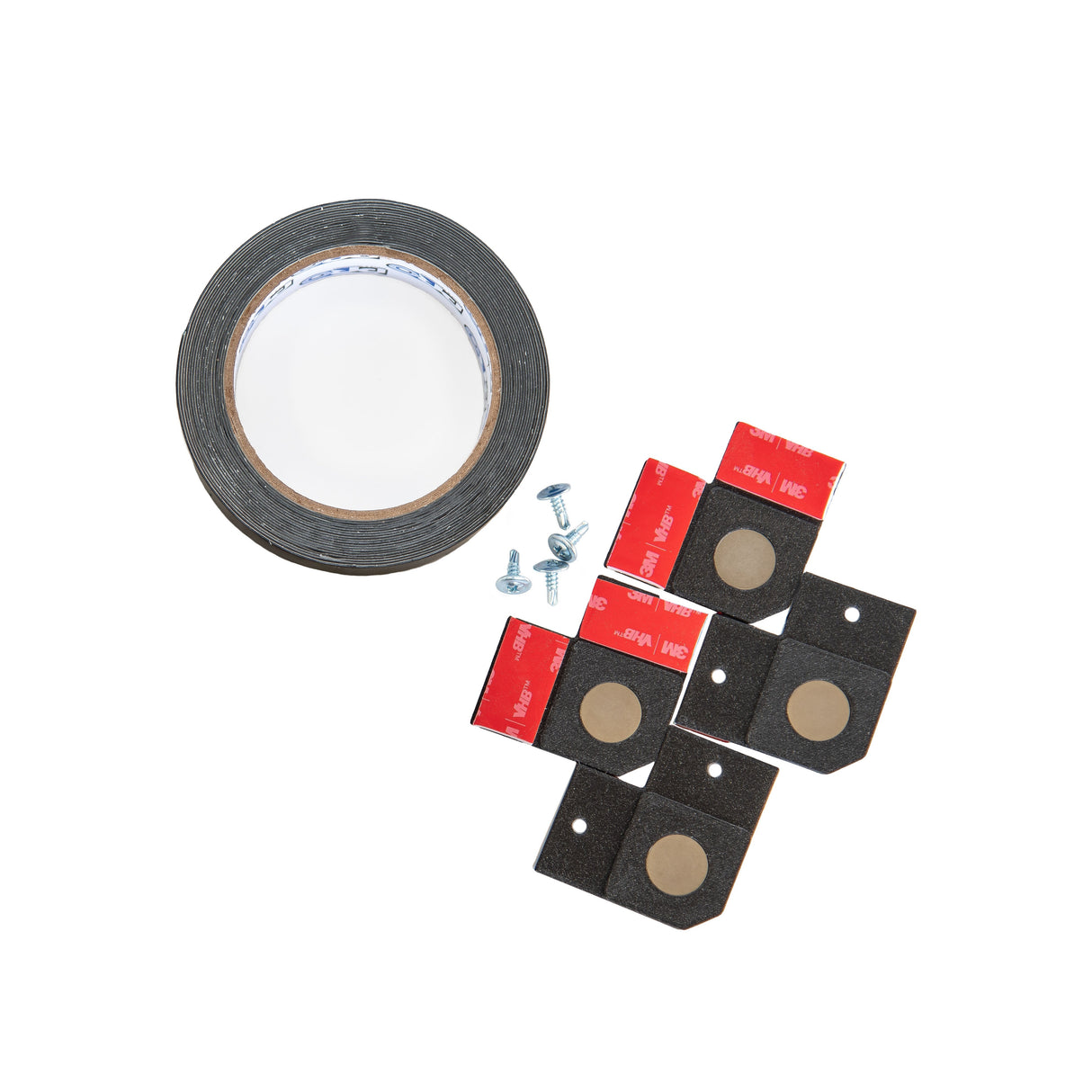 Roll of double-sided tape, screws, and adhesive pads with 3M VHB tape on a white background.