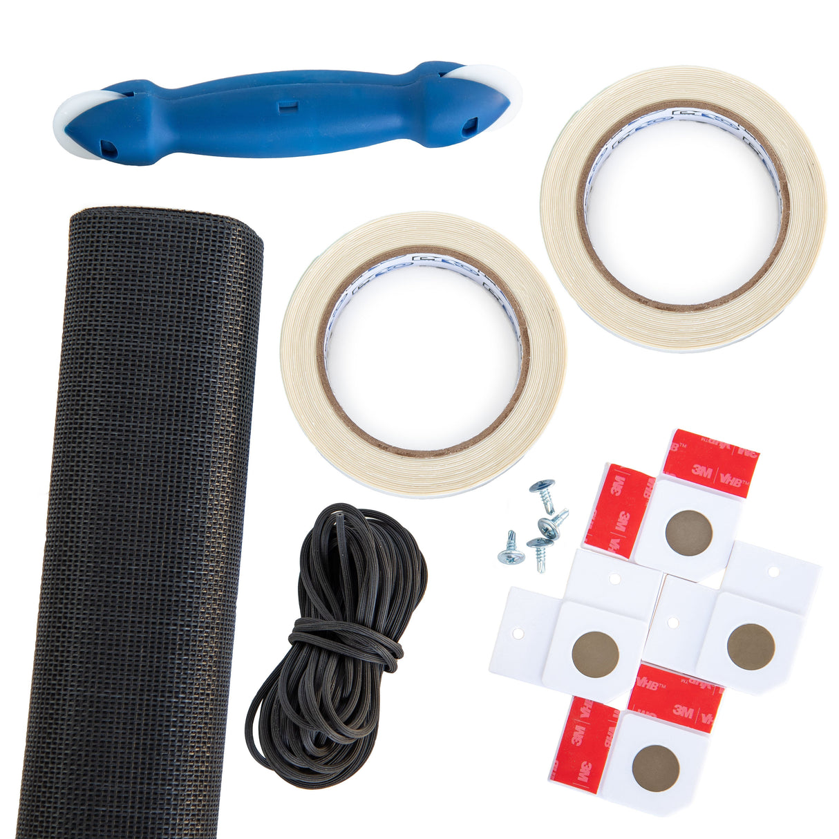This image shows a window screen repair kit with screen material, tape, spline, a spline roller tool, screws, and adhesive mounting squares.