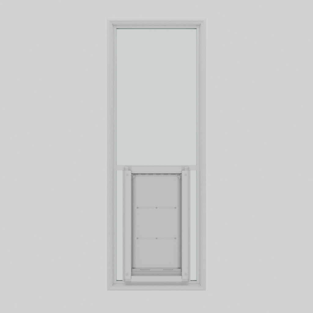 A vertically-oriented window with a built-in pet door.