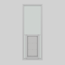 A vertically-oriented window with a built-in pet door.