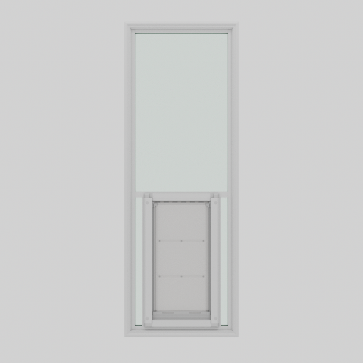A vertically-oriented window with a built-in pet door.