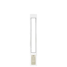 A white, vertically oriented pet door insert is isolated against a white background.